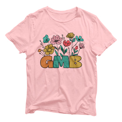 Unisex pink tee with 'GMB' and floral print, made from soft Airlume cotton, offering comfort and style by Bella+Canvas.