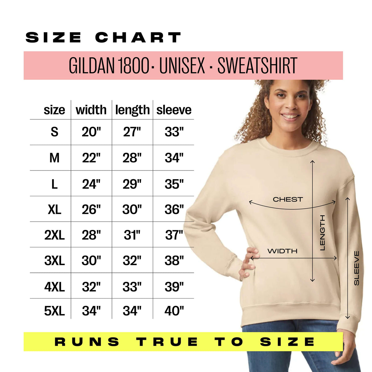 Woman wearing a Gildan 1800 unisex sweatshirt beside a size chart, showing dimensions for sizes S to 5XL.