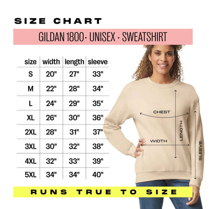 Woman wearing a Gildan 1800 unisex sweatshirt beside a size chart, showing dimensions for sizes S to 5XL.
