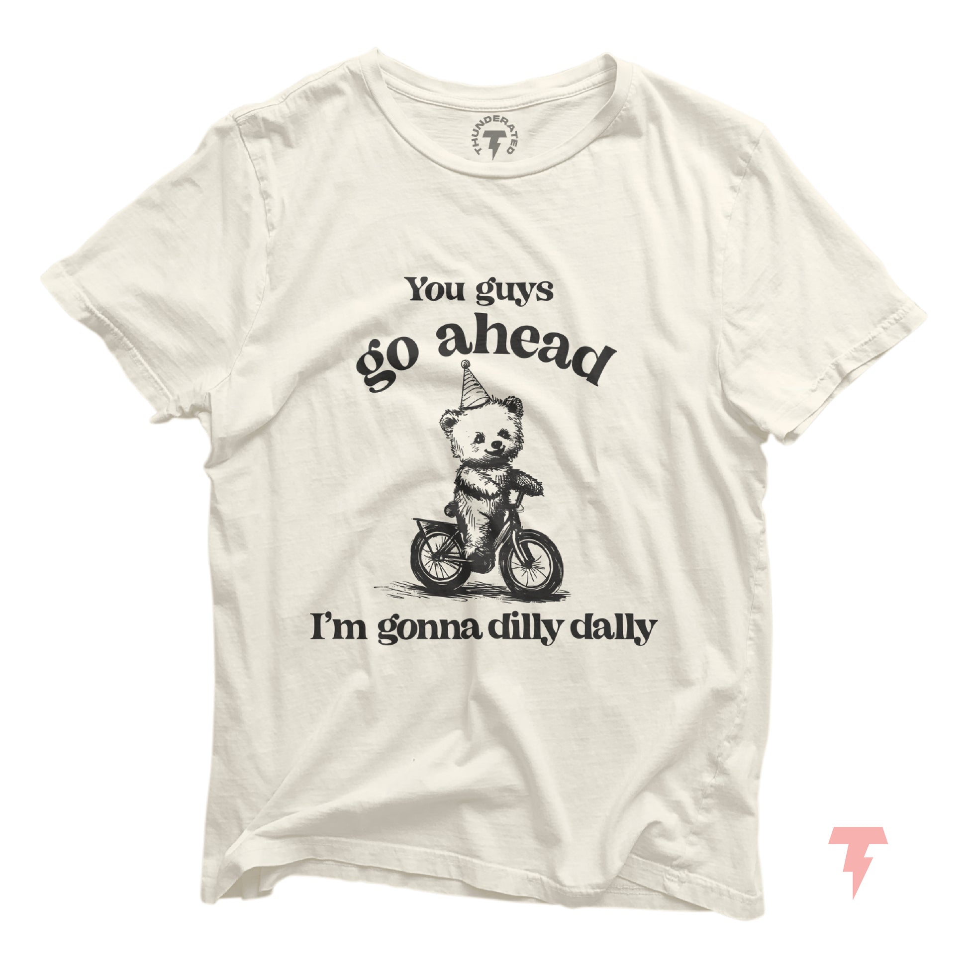 Go Ahead I'm Gonna Dilly Dally T-Shirt with bear riding bike graphic, funny 90s style, unisex cotton tee by Bella+Canvas.