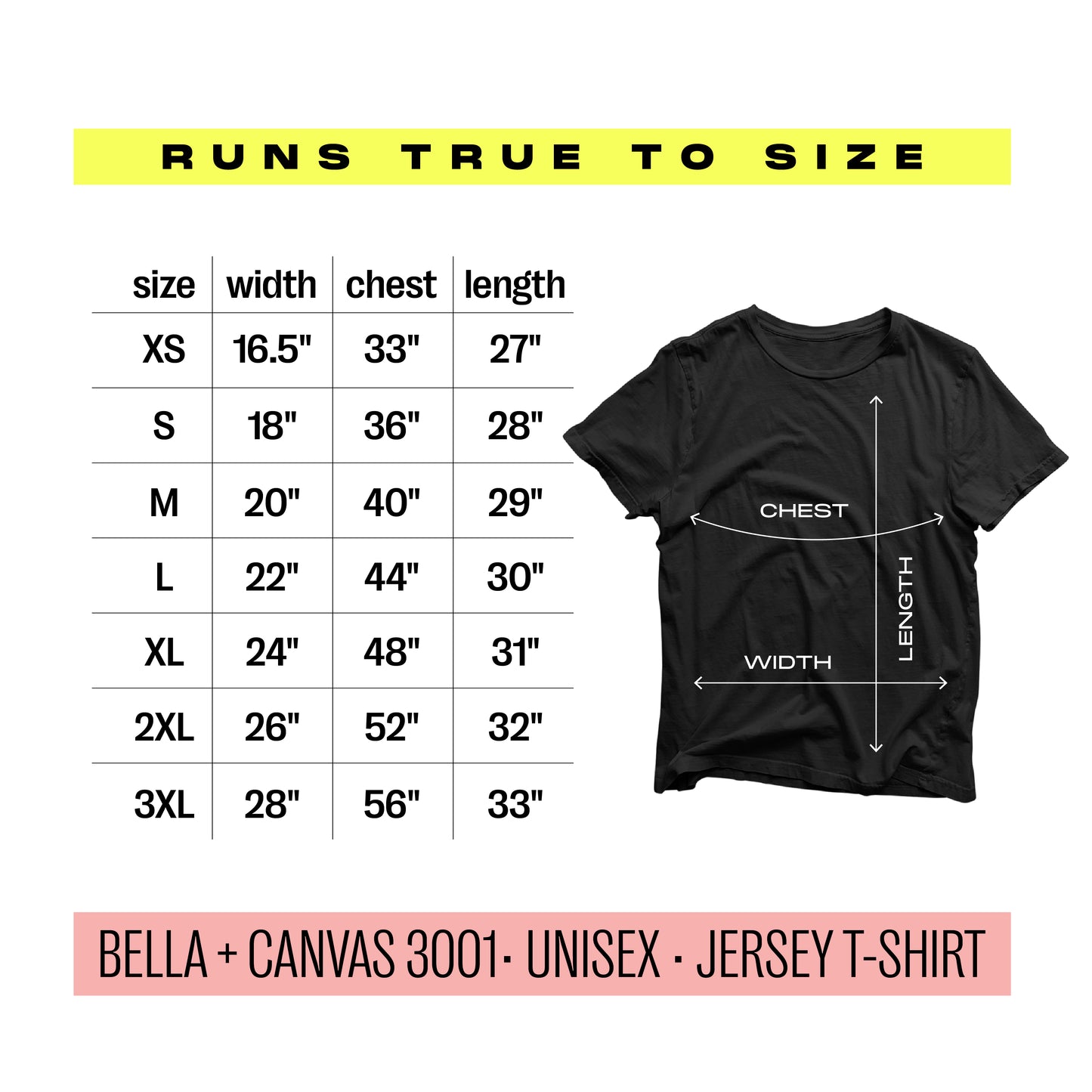 Size chart for Bella + Canvas 3001 unisex jersey t-shirt, showing measurements for XS to 3XL widths and lengths.