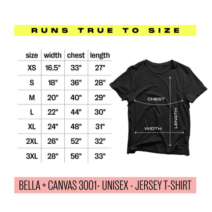 Size chart for Bella + Canvas 3001 unisex jersey t-shirt, showing measurements for XS to 3XL widths and lengths.