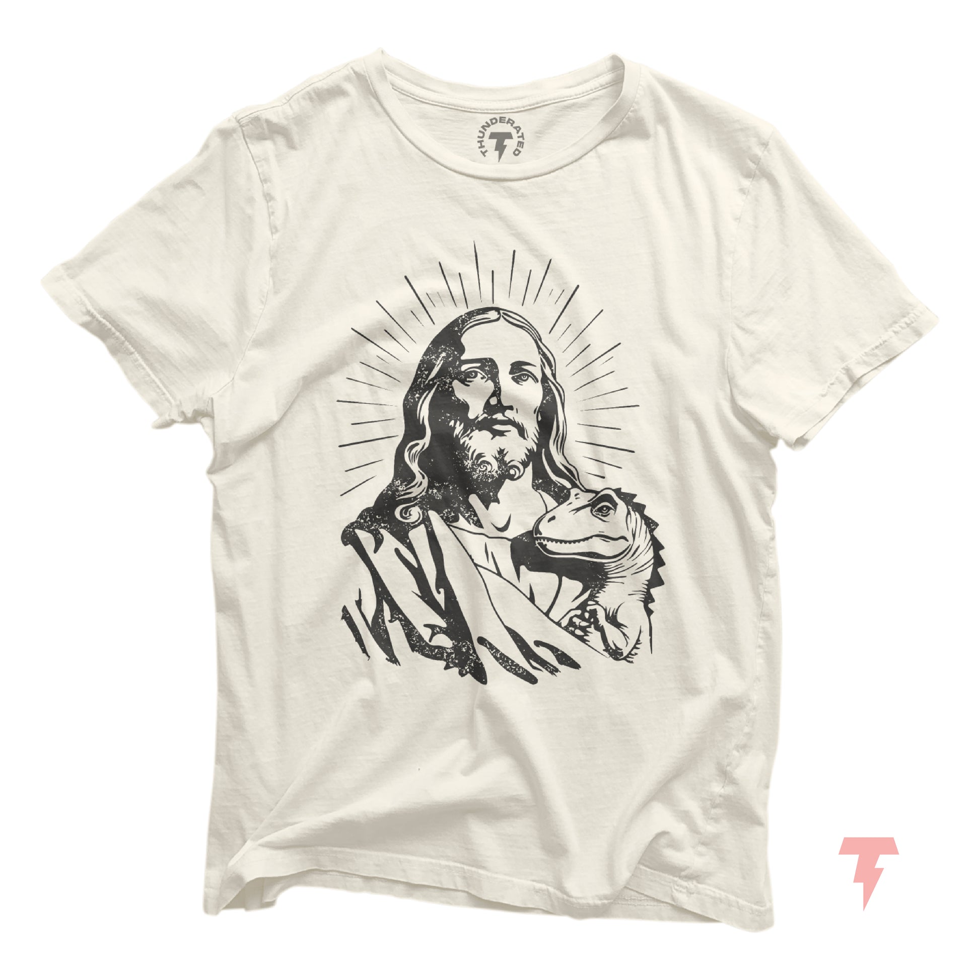 Jesus and dinosaur graphic on a funny Christian T-shirt, unisex jersey tee by Bella+Canvas, novelty design for men and women.