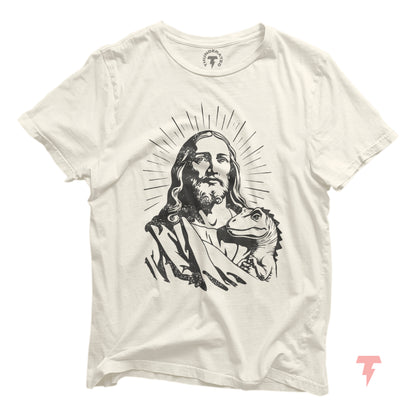 Jesus and dinosaur graphic on a funny Christian T-shirt, unisex jersey tee by Bella+Canvas, novelty design for men and women.