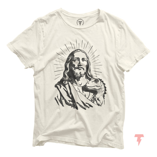 Jesus and dinosaur graphic on a funny Christian T-shirt, unisex jersey tee by Bella+Canvas, novelty design for men and women.
