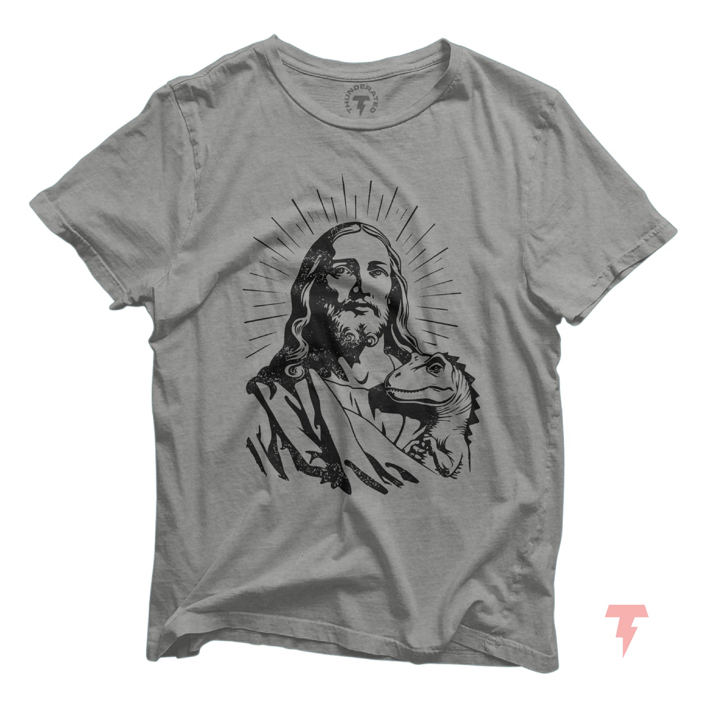 Funny Jesus and dinosaur T-shirt design on grey short sleeve tee for men and women, featuring high-quality cotton and vibrant print.