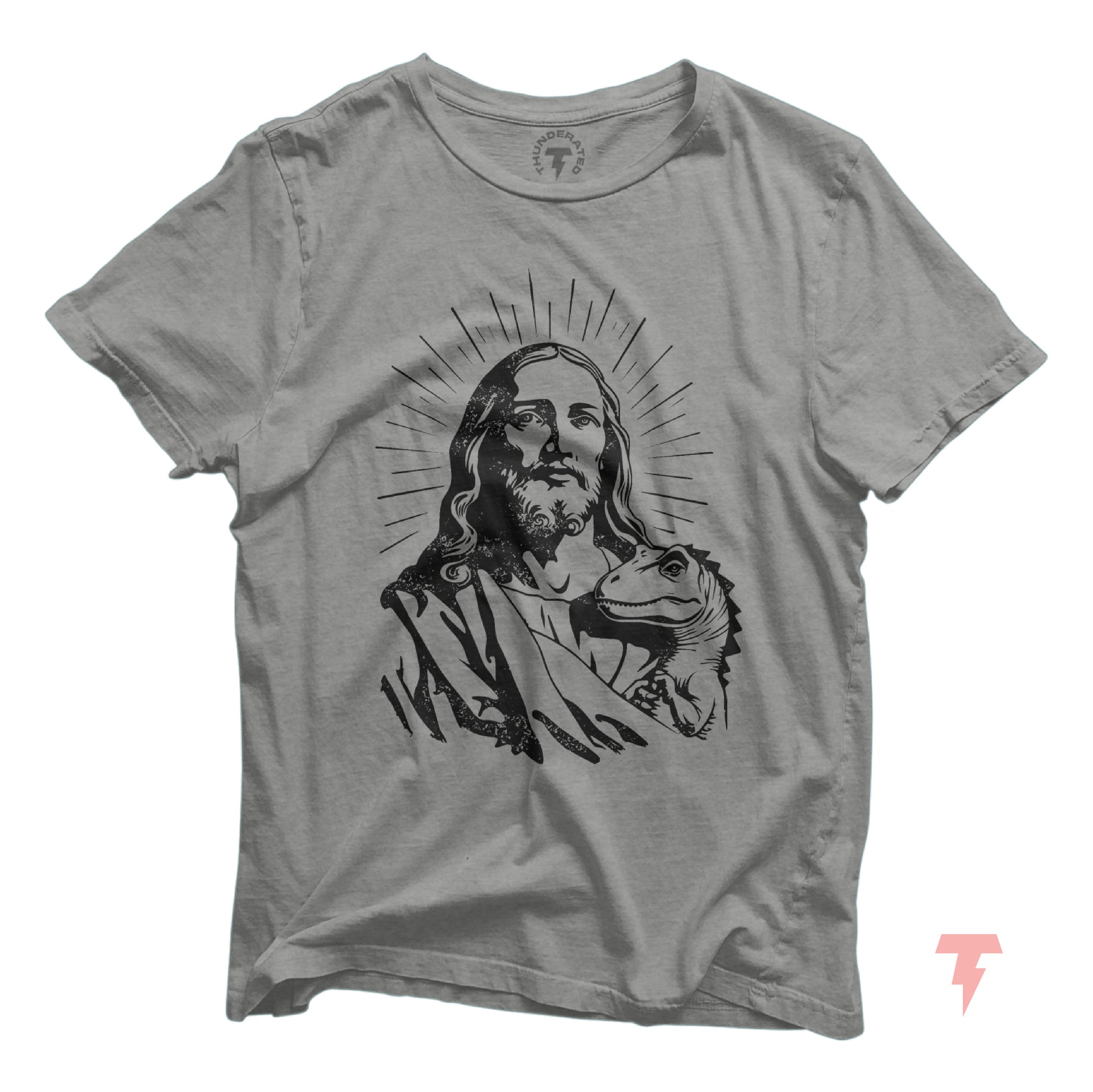 Funny Jesus and dinosaur T-shirt design on grey short sleeve tee for men and women, featuring high-quality cotton and vibrant print.