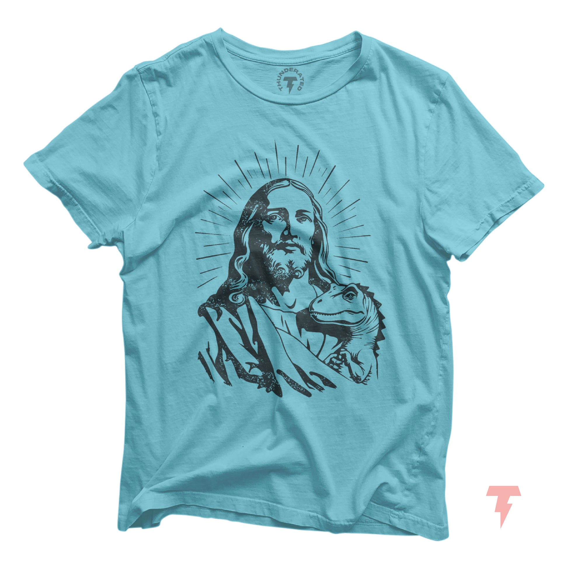 Jesus and dinosaur funny Christian t-shirt design on light blue tee, unisex jersey with vibrant print by Bella+Canvas.