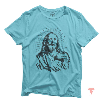 Jesus and dinosaur funny Christian t-shirt design on light blue tee, unisex jersey with vibrant print by Bella+Canvas.