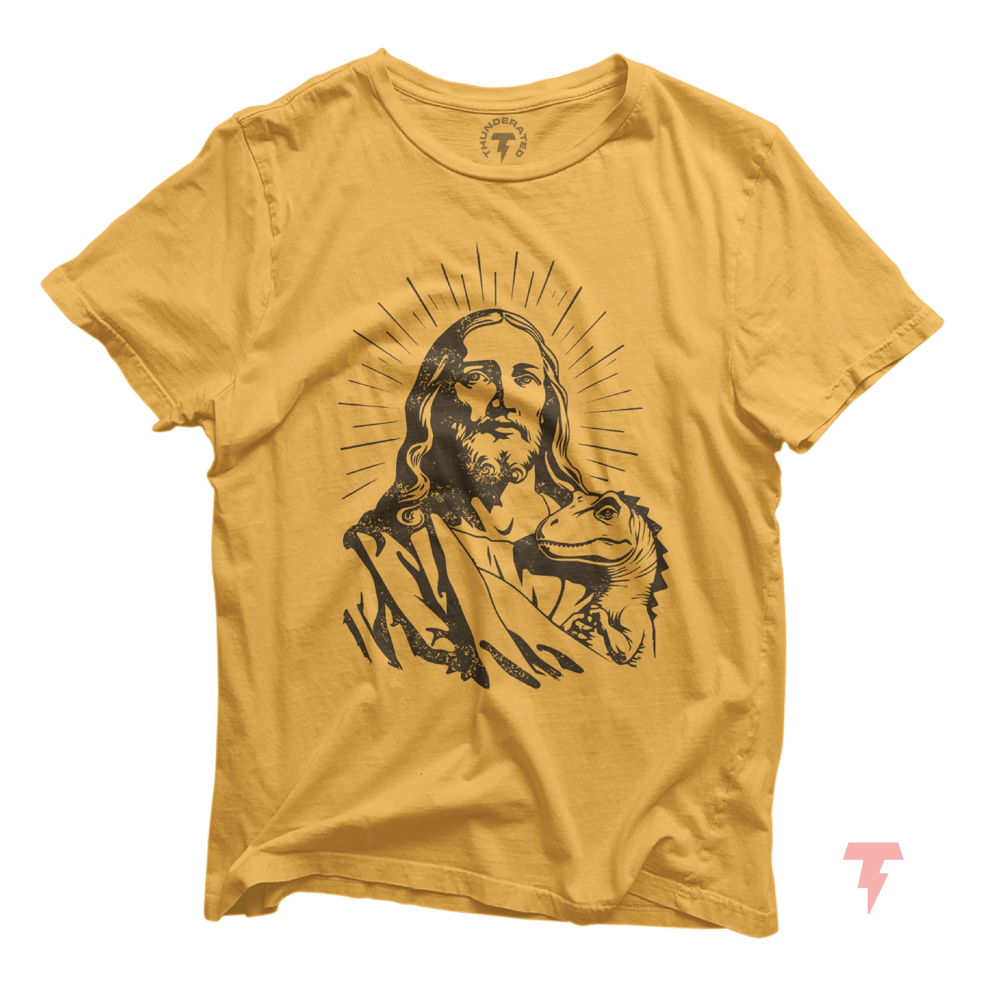 Alt Tag: Jesus and dinosaur graphic on yellow funny Christian T-shirt, novelty tee for men and women, Bella+Canvas ethical fashion.