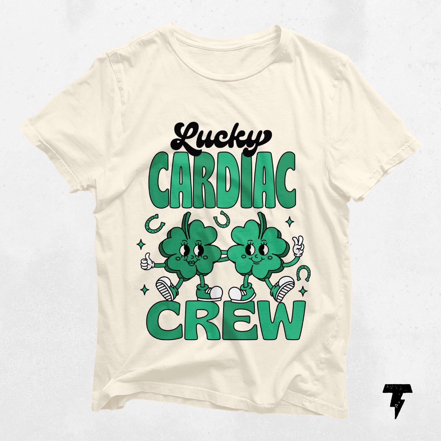 Lucky Cardiac Crew St. Patrick's Day shirt with clover design for cardiology lovers and nurses, celebrating style and good luck.