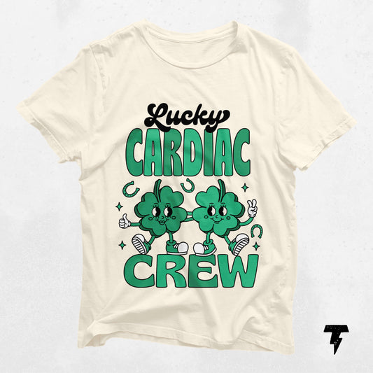 Lucky Cardiac Crew St. Patrick's Day shirt with clover design for cardiology lovers and nurses, celebrating style and good luck.