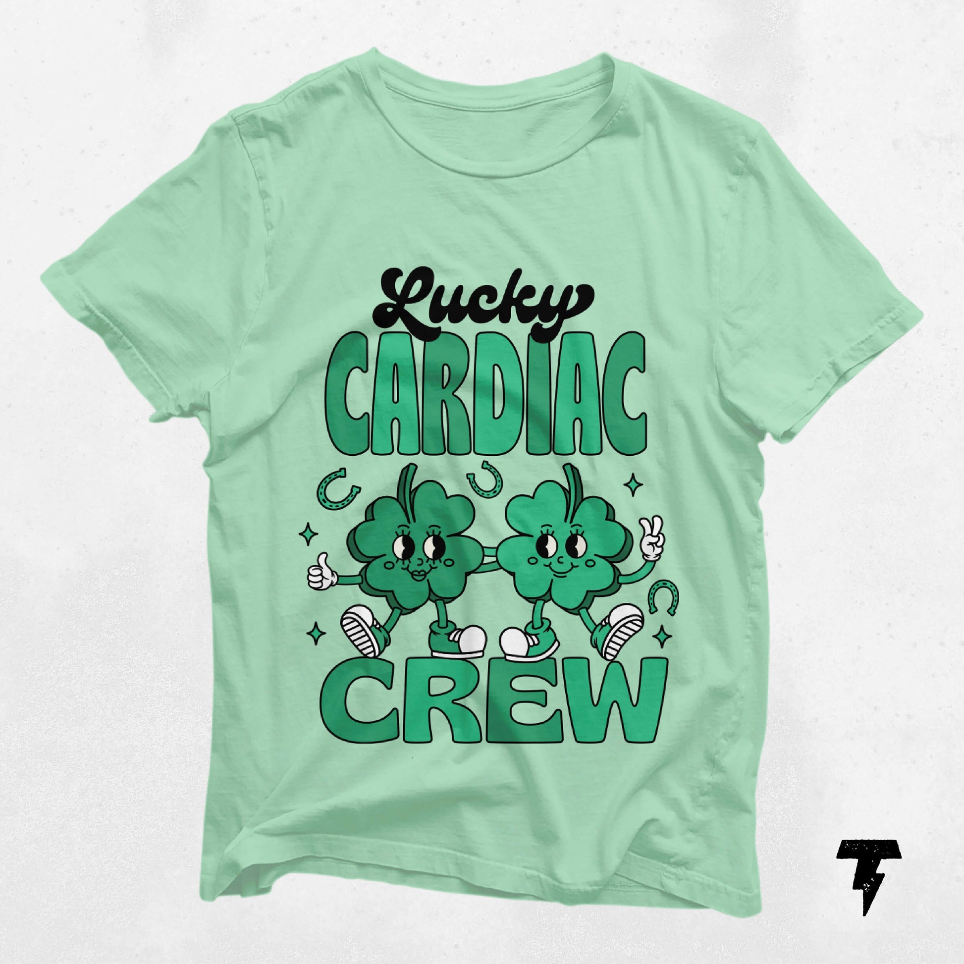 Green Lucky Cardiac Crew St. Patrick's Day shirt with clover design, ideal for nurses and cardiology enthusiasts.