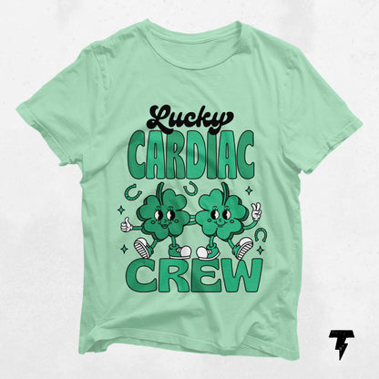 Green Lucky Cardiac Crew St. Patrick's Day shirt with clover design, ideal for nurses and cardiology enthusiasts.