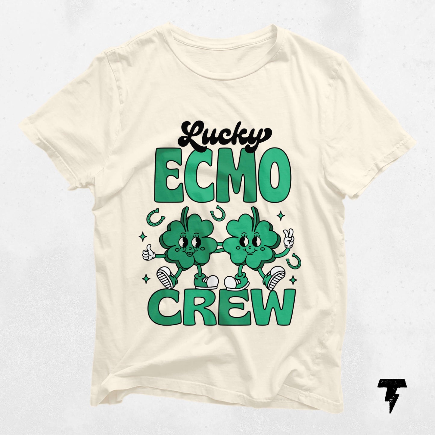 Lucky ECMO Crew St. Patrick's Day shamrock t-shirt, Irish-themed graphic with cheerful clovers, perfect festive apparel.