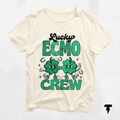 Lucky ECMO Crew St. Patrick's Day shamrock t-shirt, Irish-themed graphic with cheerful clovers, perfect festive apparel.