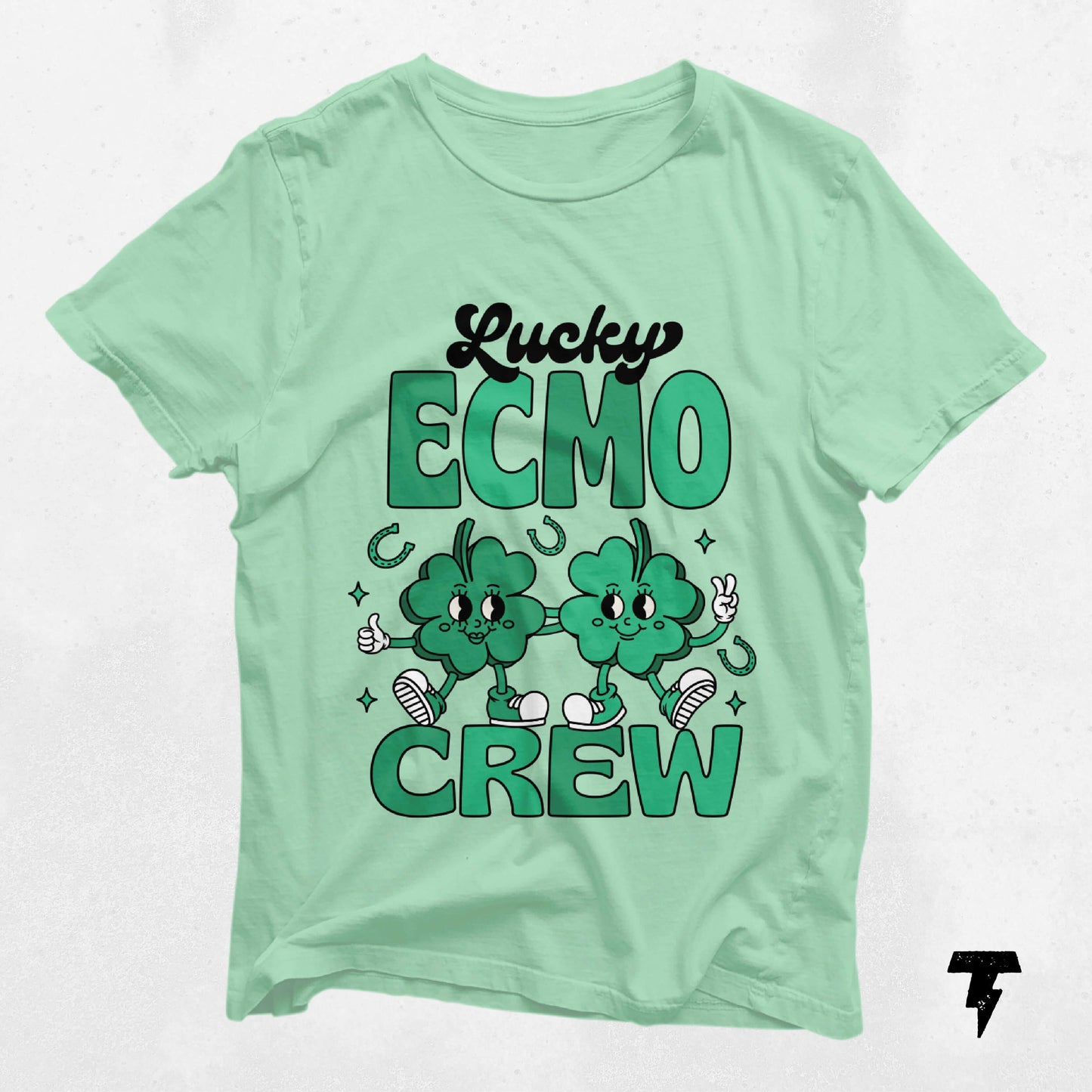 Light green Lucky ECMO Crew St. Patrick's Day shirt with shamrock graphic and Irish-themed design, perfect for festive celebrations.