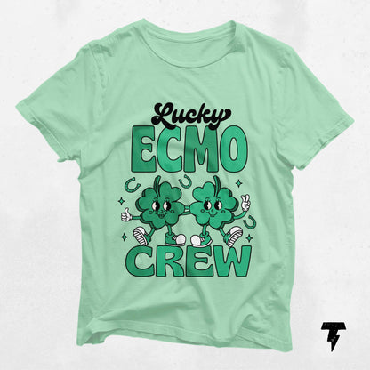Light green Lucky ECMO Crew St. Patrick's Day shirt with shamrock graphic and Irish-themed design, perfect for festive celebrations.