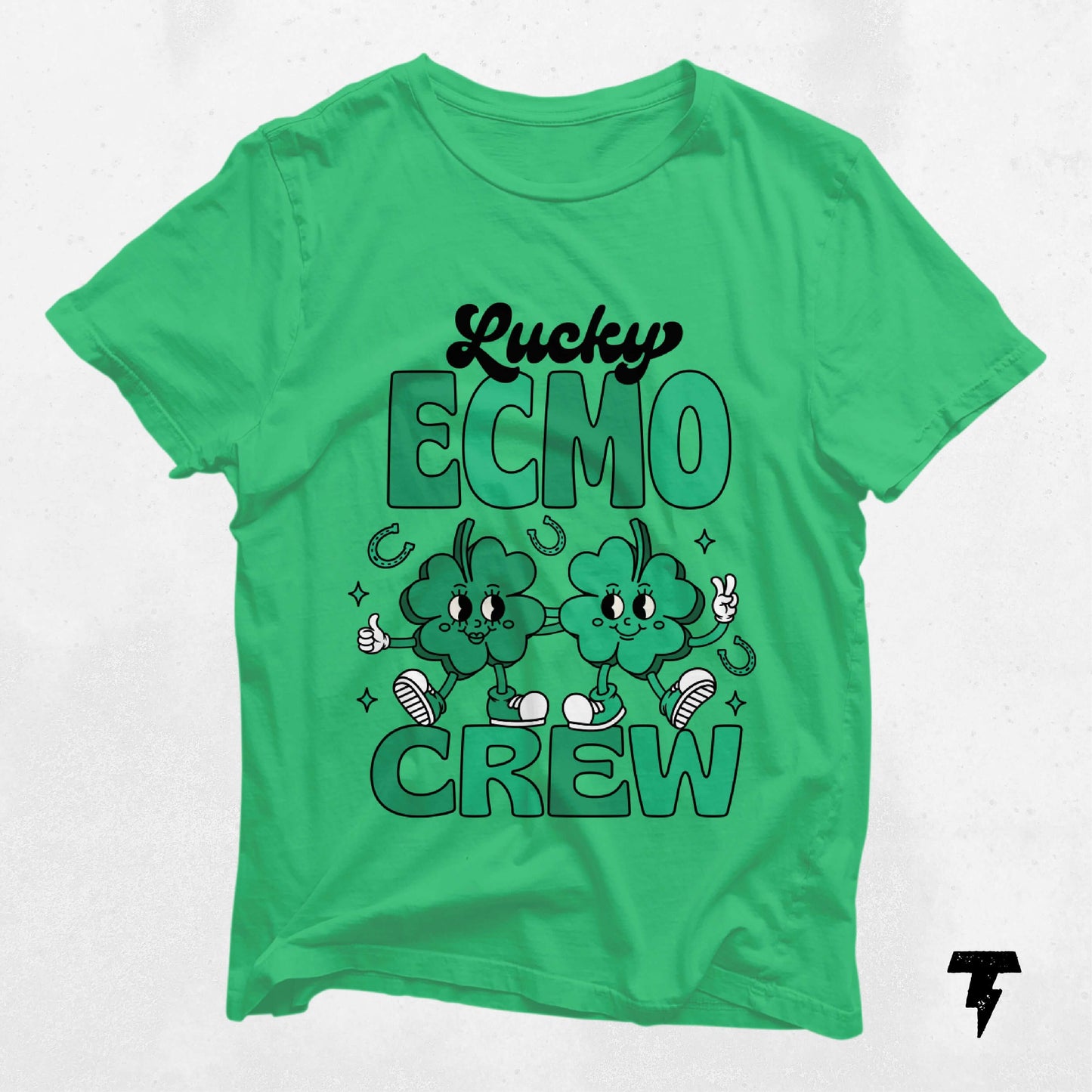 Green "Lucky ECMO Crew" St. Patrick's Day shirt with shamrocks, perfect for festive celebrations and as a thoughtful gift idea.