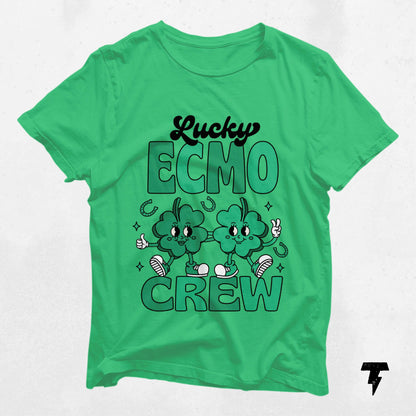 Green "Lucky ECMO Crew" St. Patrick's Day shirt with shamrocks, perfect for festive celebrations and as a thoughtful gift idea.