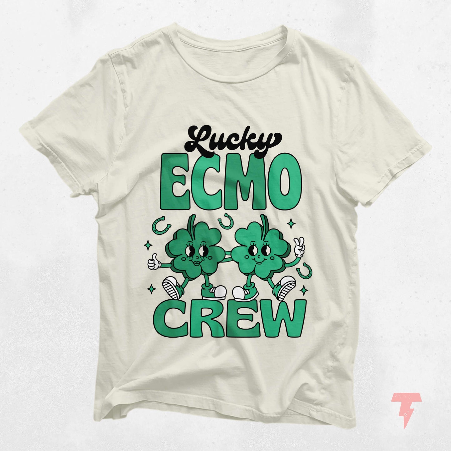 Lucky ECMO Crew St. Patrick's Day Shirt featuring fun shamrock design, perfect festive Irish tee for celebrations and gifts.