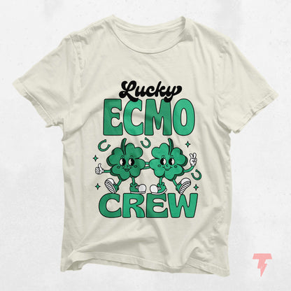 Lucky ECMO Crew St. Patrick's Day Shirt featuring fun shamrock design, perfect festive Irish tee for celebrations and gifts.