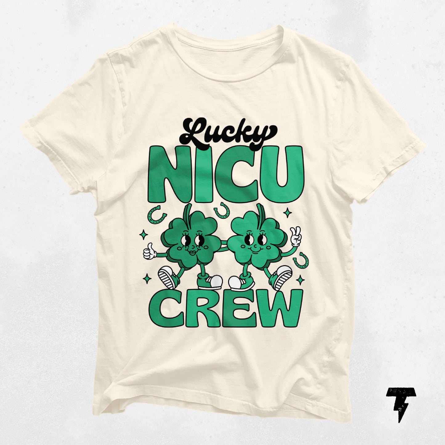 St. Patrick's Day Lucky NICU Crew shirt for NICU nurses with cartoon clovers, celebrating dedication and care.