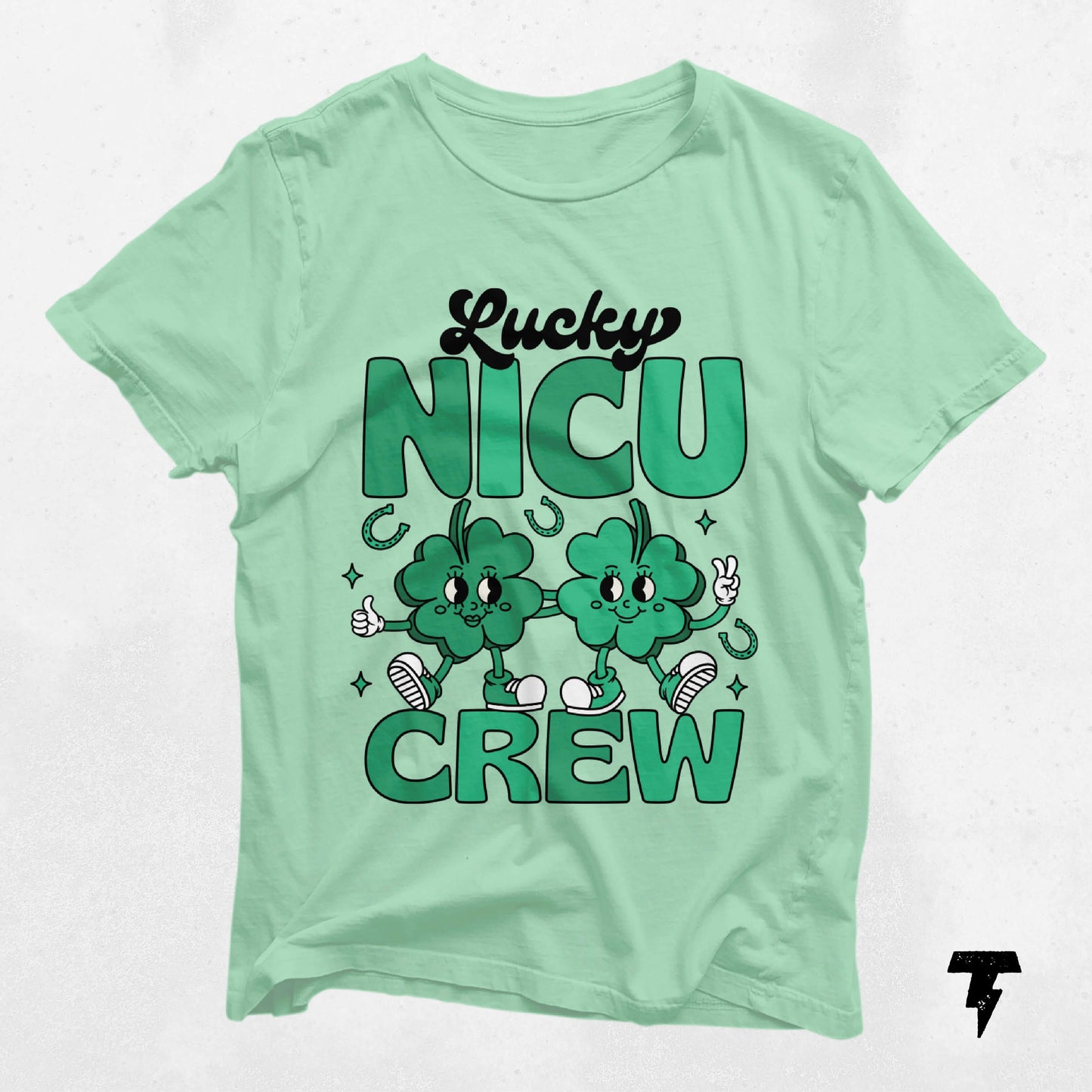 Alt Tag: "Lucky NICU Crew St. Patrick's Day Shirt for nurses with shamrock cartoon design, green tee for neonatal care professionals"