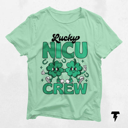 Alt Tag: "Lucky NICU Crew St. Patrick's Day Shirt for nurses with shamrock cartoon design, green tee for neonatal care professionals"