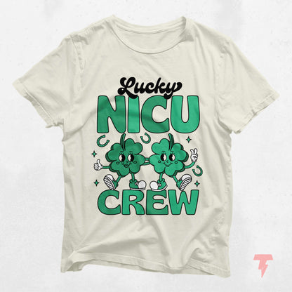 Lucky NICU Crew St. Patrick's Day shirt for nurses, featuring green clovers and playful design, ideal for celebrating and spreading cheer.
