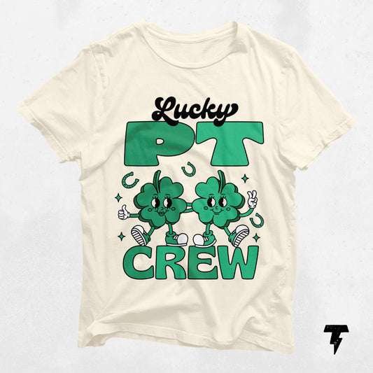 Lucky Physical Therapist St. Patrick's Day Shirt with clover graphic, perfect nurse gift for celebrating with PT crew.