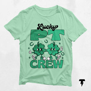 Lucky PT Crew St. Patrick's Day shirt with clover graphic, perfect nurse gift featuring fun shamrock design for festive workwear.