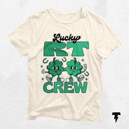 Lucky RT Crew St. Patrick's Day shirt featuring playful clover design for respiratory therapists.