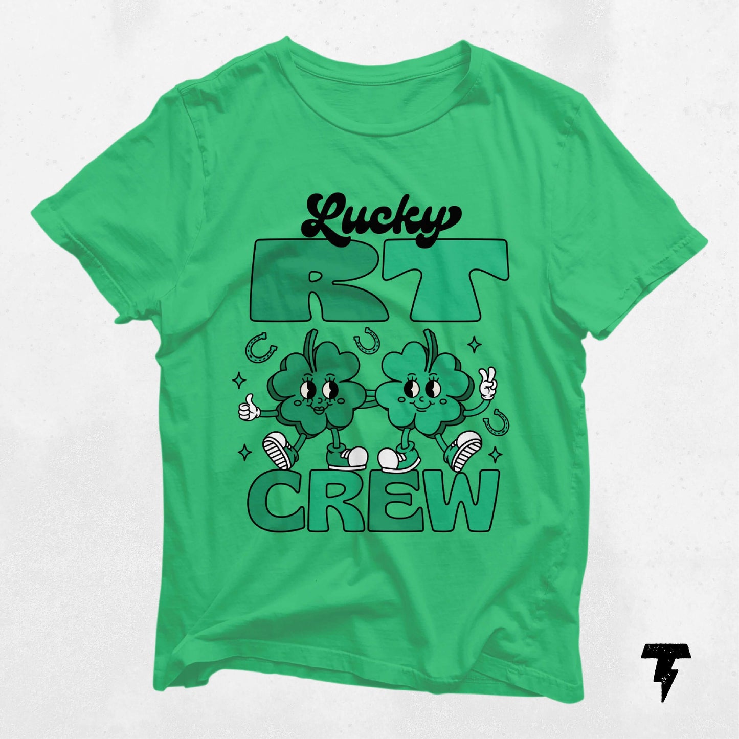 Green Lucky RT Crew St. Patrick's Day shirt with clover design for respiratory therapists.