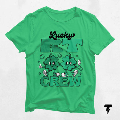 Green Lucky RT Crew St. Patrick's Day shirt with clover design for respiratory therapists.