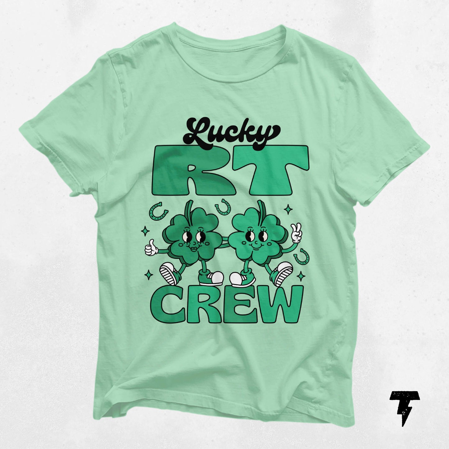 Lucky RT Crew St. Patrick's Day shirt with clover design for respiratory therapists, perfect festive work attire and gift idea.