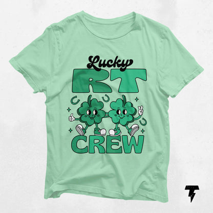 Lucky RT Crew St. Patrick's Day shirt with clover design for respiratory therapists, perfect festive work attire and gift idea.