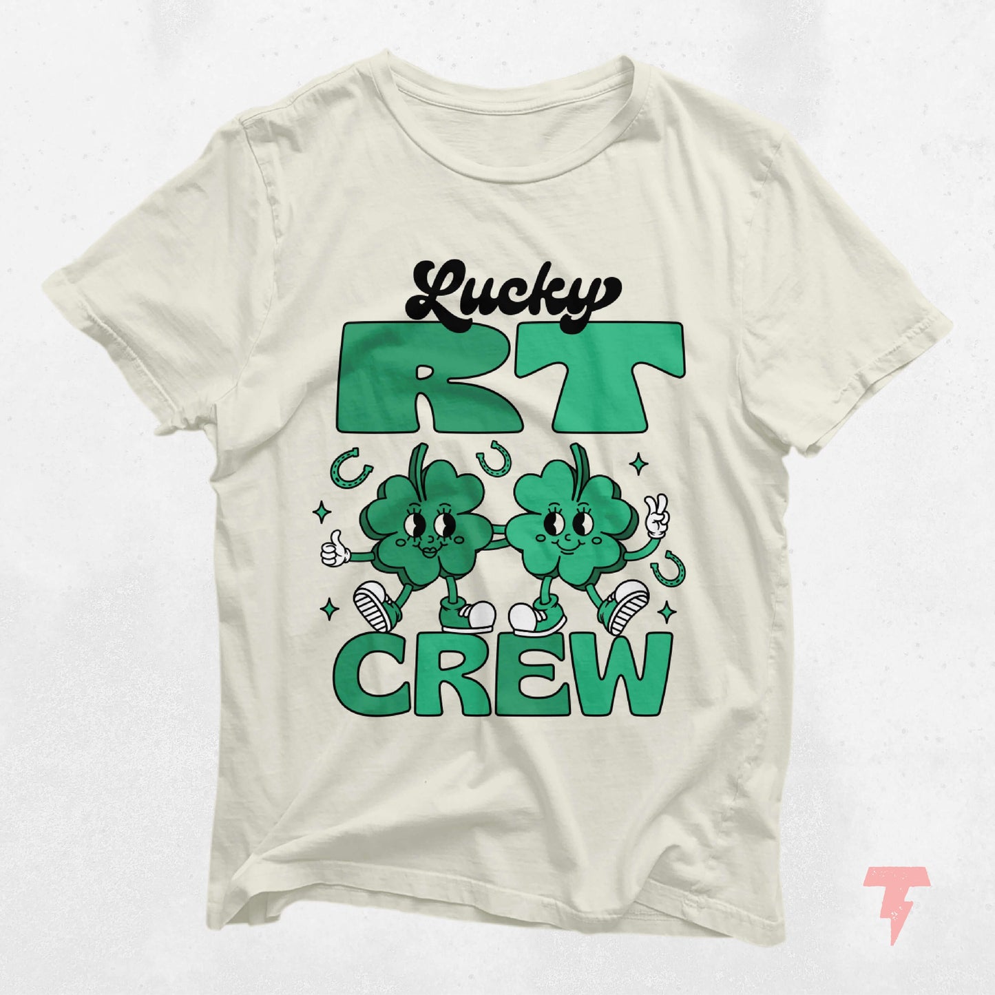 St. Patrick's Day Lucky RT Crew shirt with clover design for respiratory therapists, soft fabric, festive work attire.