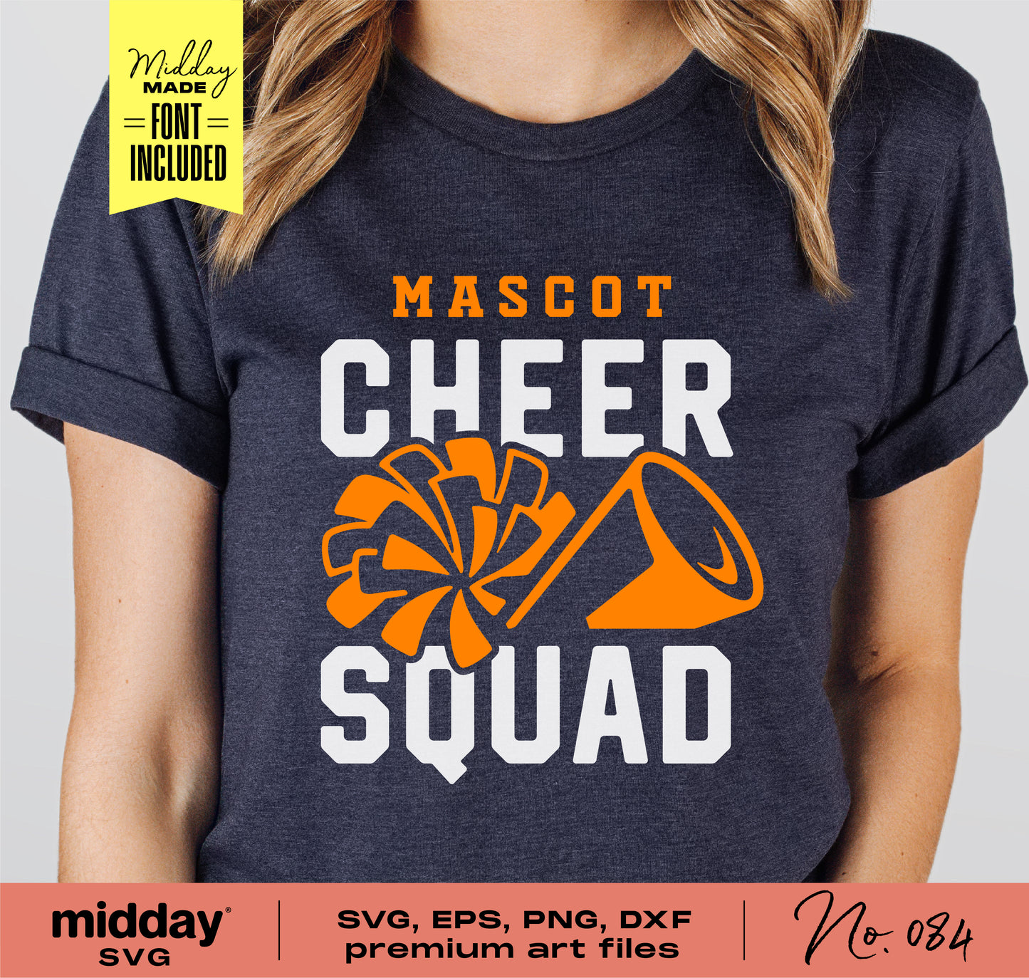 Cheer Squad t-shirt with mascot design, featuring SVG, EPS, PNG, and DXF files for Cricut and Silhouette. Font included for customization.