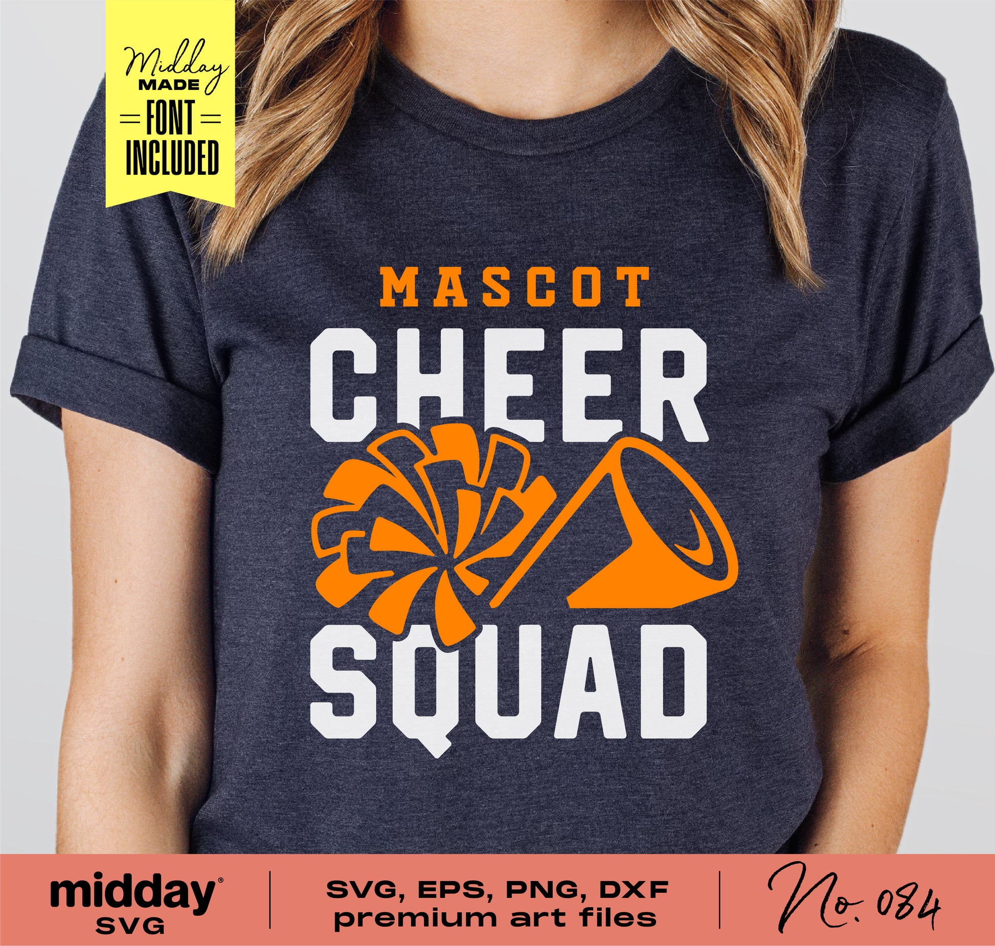 Cheer Squad t-shirt with mascot design, featuring SVG, EPS, PNG, and DXF files for Cricut and Silhouette. Font included for customization.