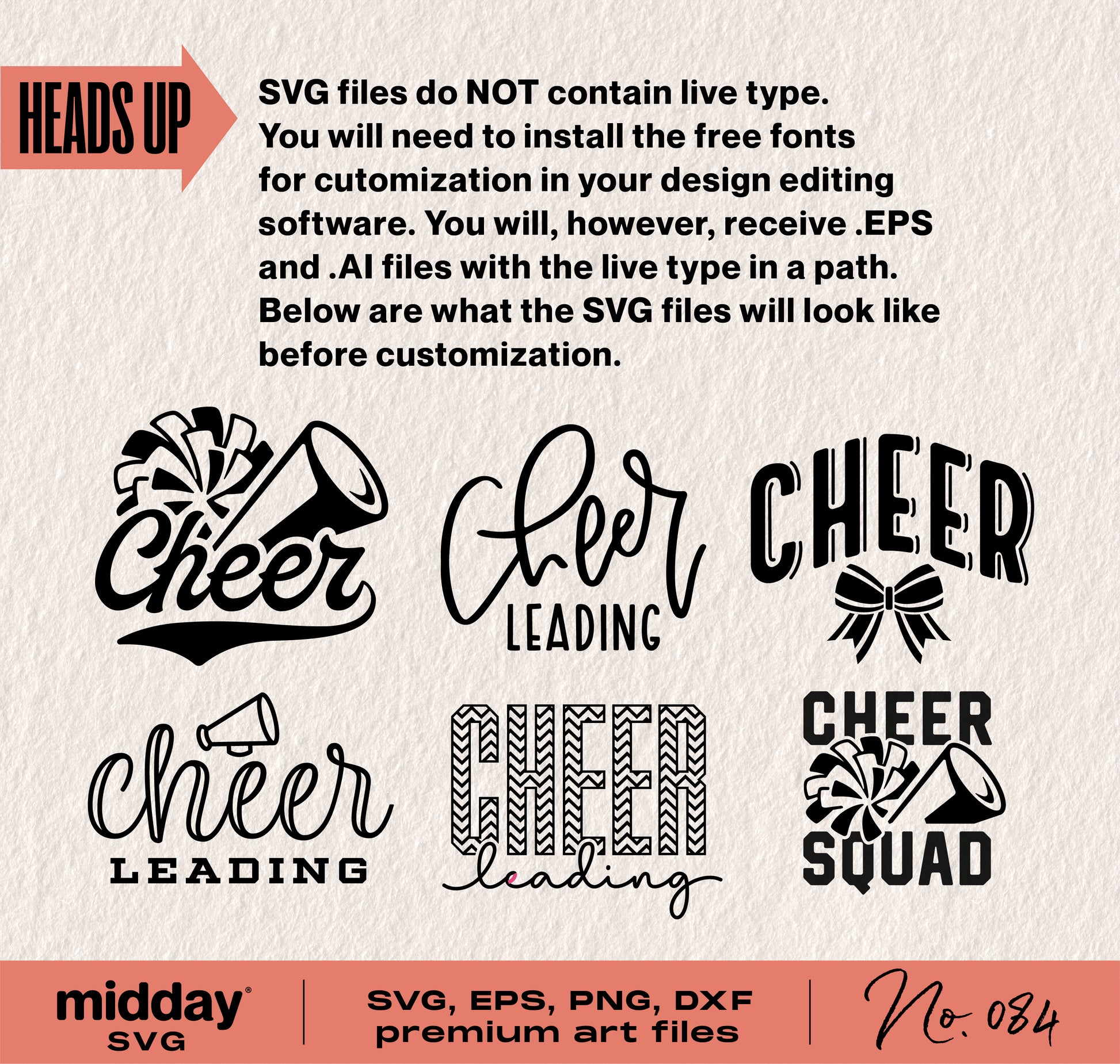 Cheer Bundle SVG file preview with cheerleading designs in SVG, EPS, PNG, DXF formats. Includes phrases 'Cheer,' 'Cheerleading,' and 'Cheer Squad.'