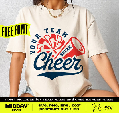 Cheer team template T-shirt with pom-pom and megaphone design, customizable with free font for team and cheerleader names, digital download.
