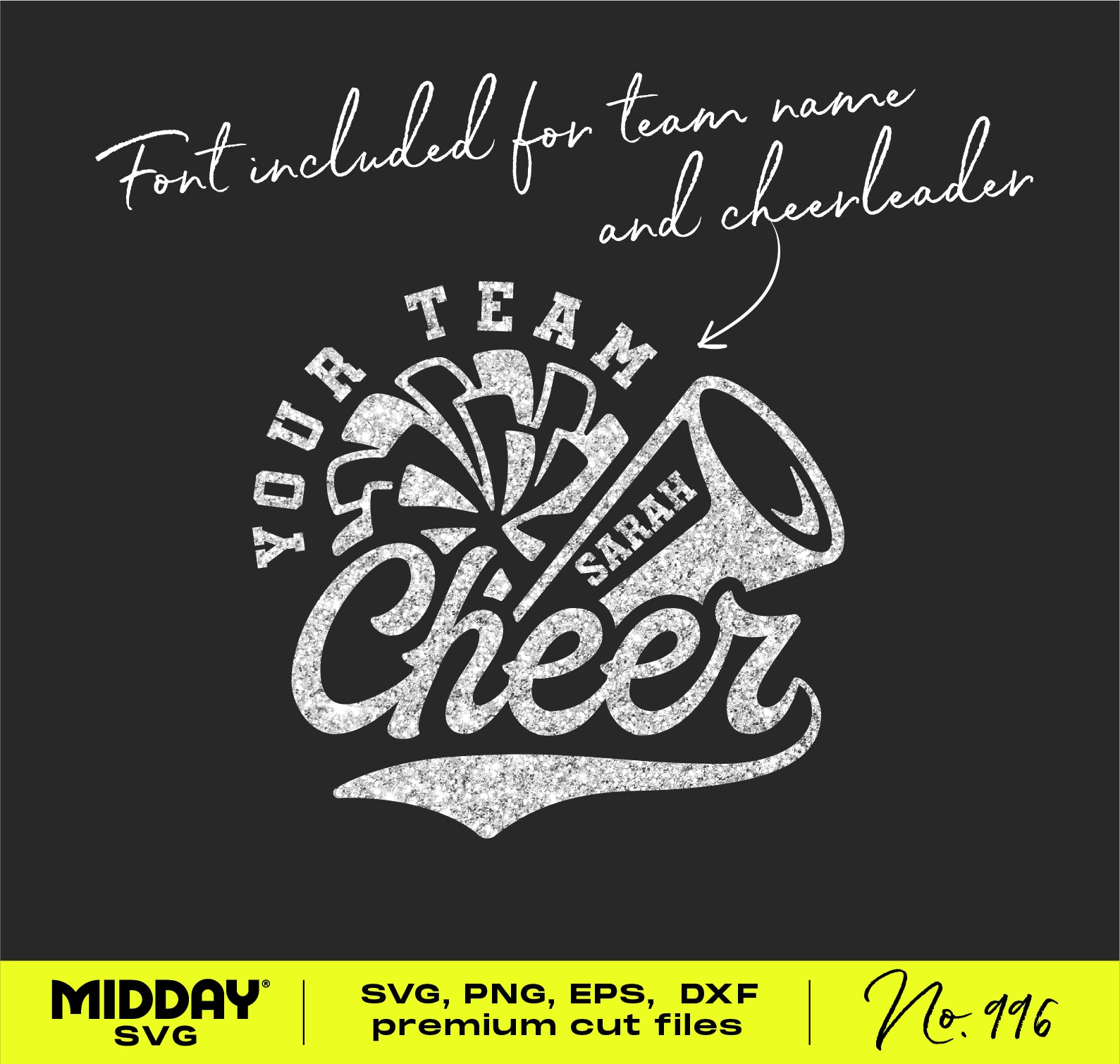 Cheer team template with pom-pom and megaphone, digital download in SVG, PNG, DXF, EPS formats, includes customizable font.