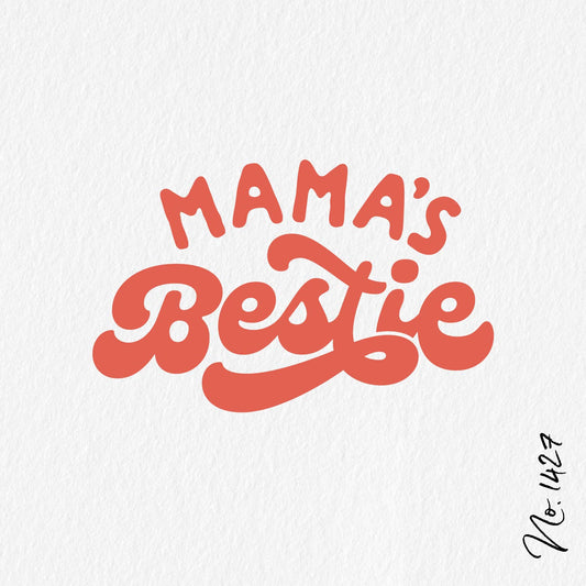 "Mama's Bestie" text graphic in red, ideal for baby onesies, shirts, or nursery decor.