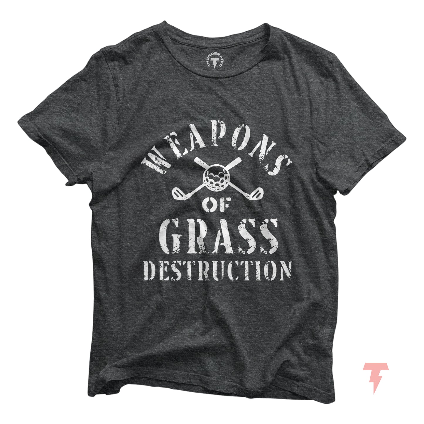 Dark gray funny golf shirt with 'Weapons of Grass Destruction' print, made from soft cotton. Perfect for golf teams looking for style.