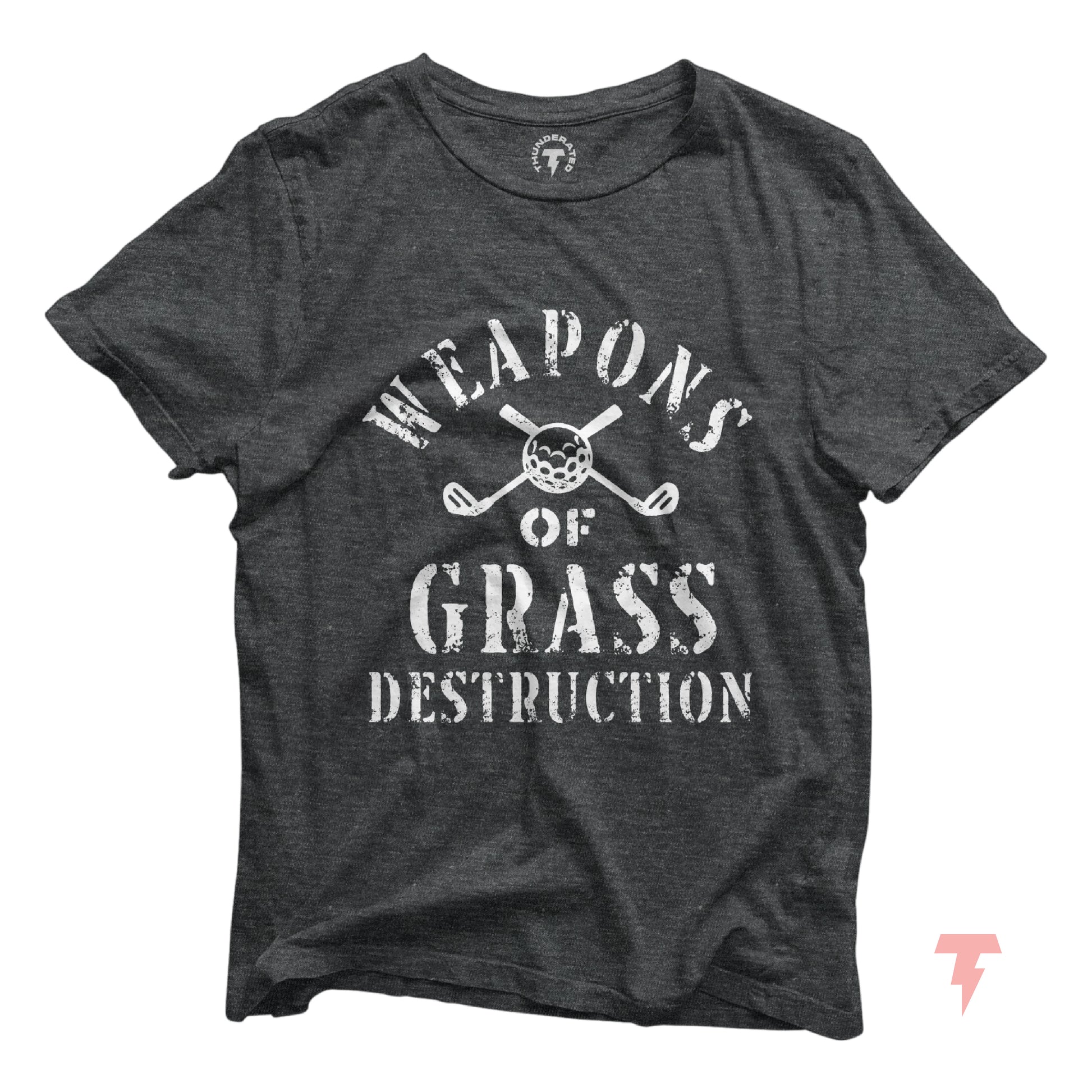 Dark gray funny golf shirt with 'Weapons of Grass Destruction' print, made from soft cotton. Perfect for golf teams looking for style.