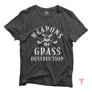 Dark gray funny golf shirt with 'Weapons of Grass Destruction' print, made from soft cotton. Perfect for golf teams looking for style.