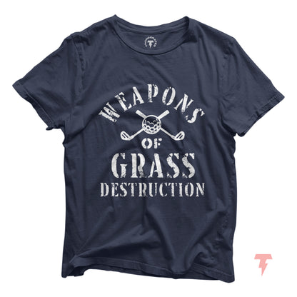 Funny golf shirt with 'Weapons of Grass Destruction' print, unisex, made from soft cotton by Bella+Canvas, perfect for golf teams.