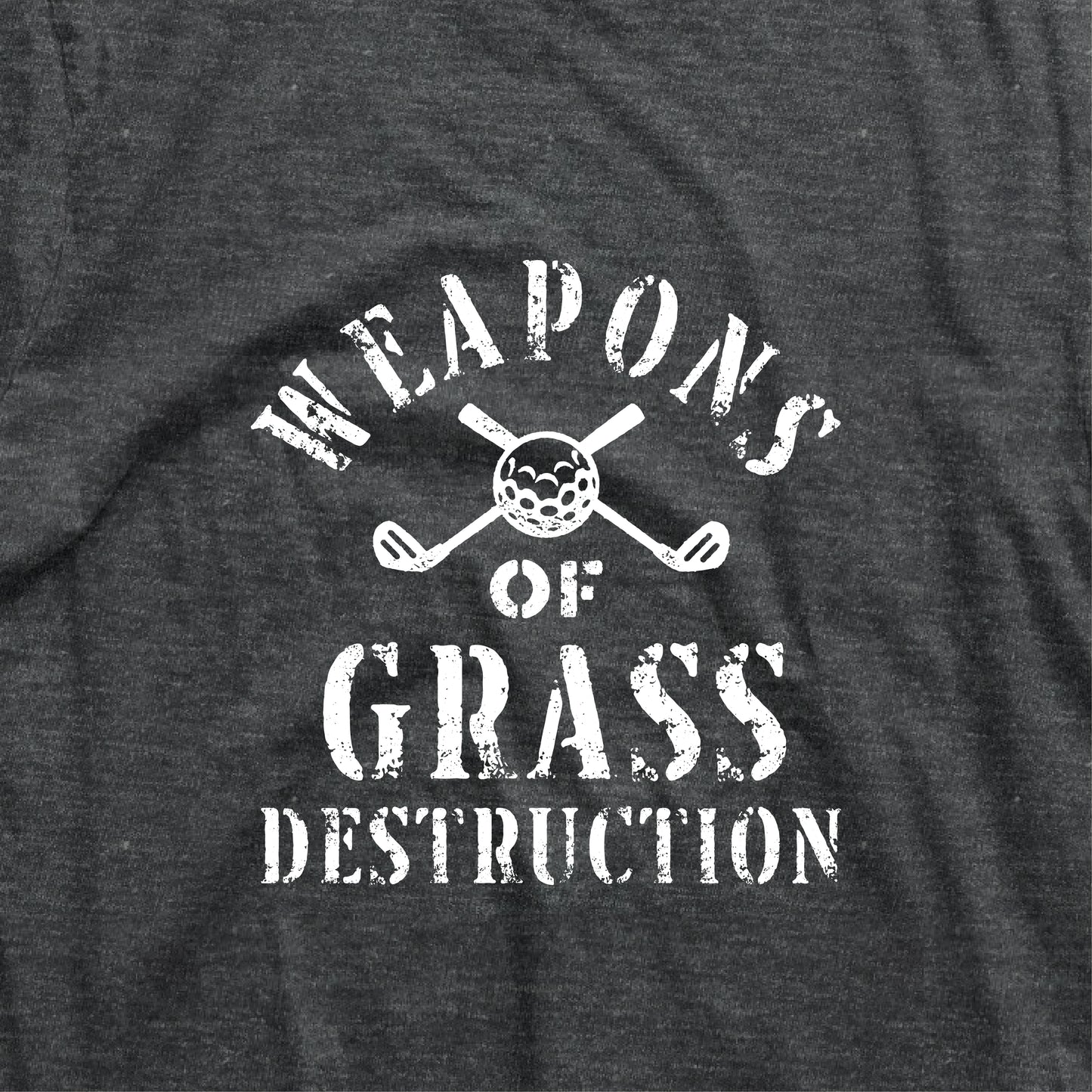 Funny golf shirt with 'Weapons of Grass Destruction' text and golf club design, perfect for golf team apparel.