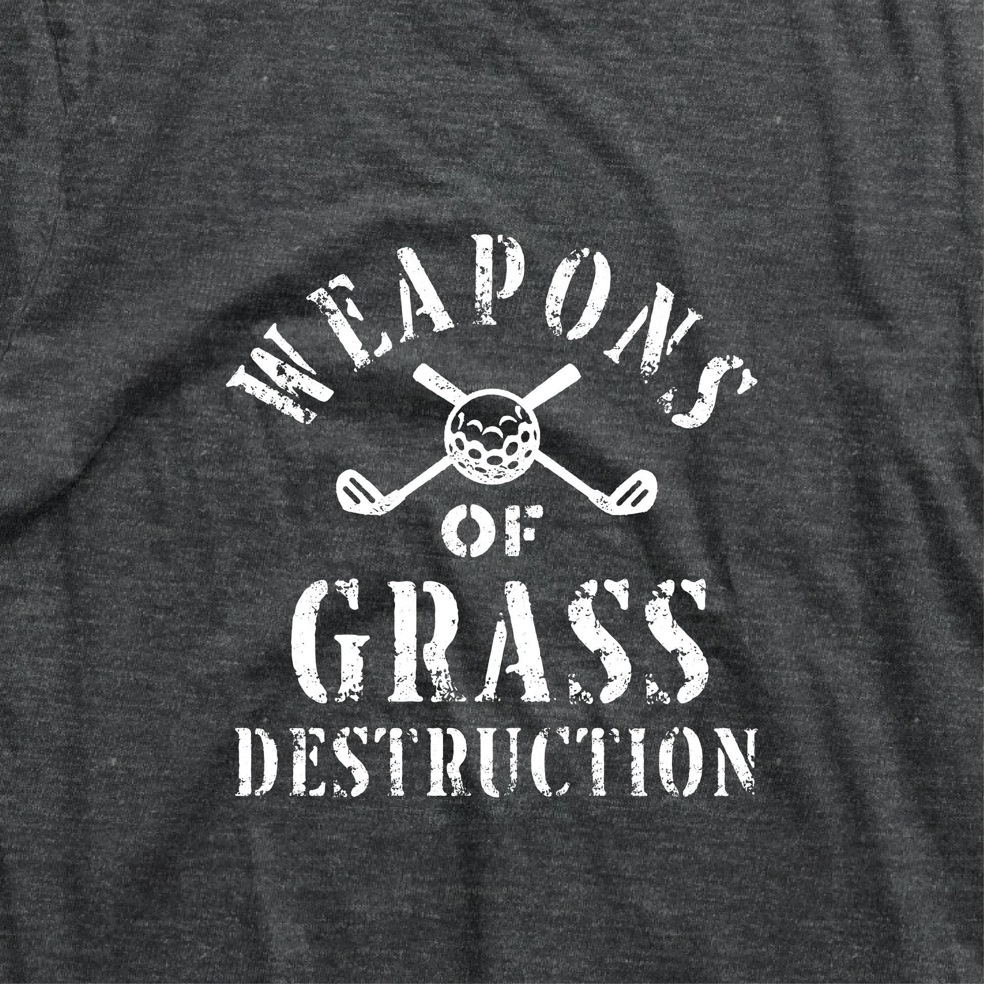 Funny golf shirt with 'Weapons of Grass Destruction' text and golf club design, perfect for golf team apparel.
